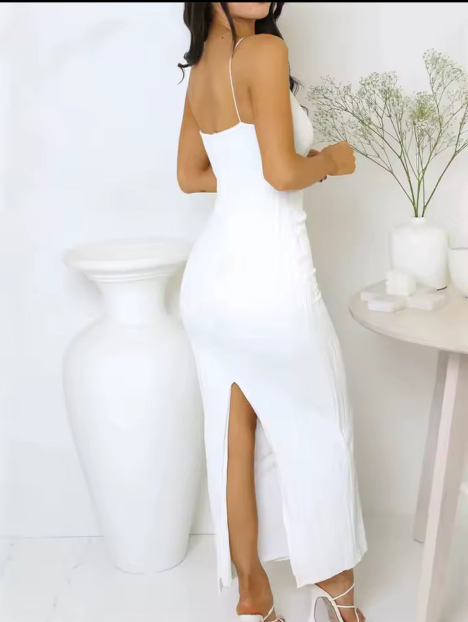 Robe longue à volants pour femmes, Sexy, sans manches, Slim, couleur unie, dos fendu.