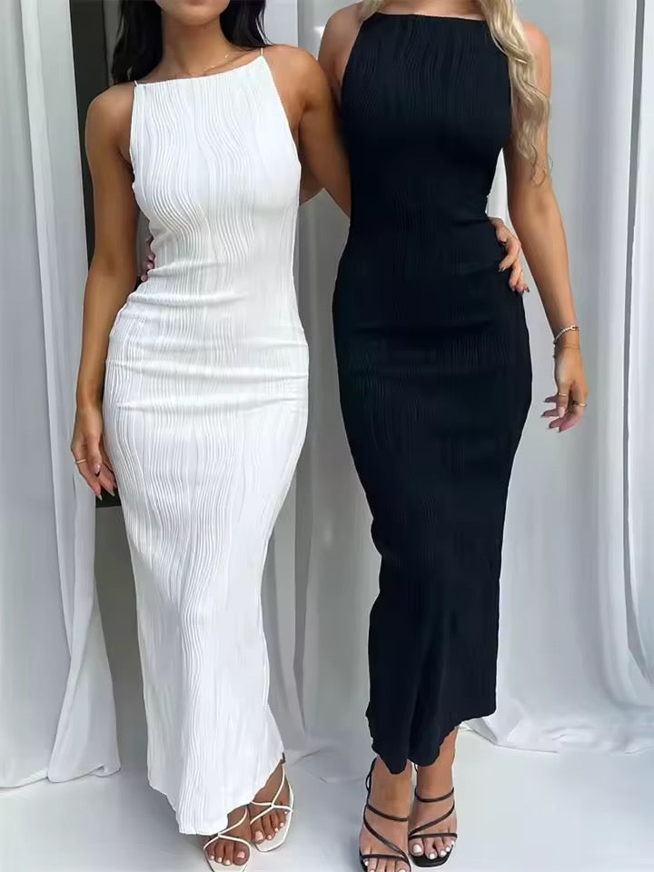 Robe longue à volants pour femmes, Sexy, sans manches, Slim, couleur unie, dos fendu.